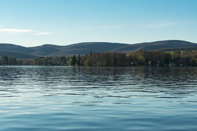 Scenic view of lake by mountains against sky