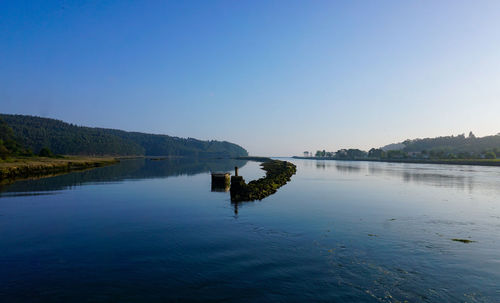 Scenic view of lake against clear blue sky