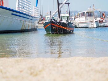 Sailboats moored on sea against sky