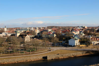 High angle shot of townscape against sky