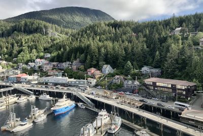 High angle view of boats moored at harbor