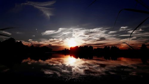 Scenic view of calm lake against sky during sunset