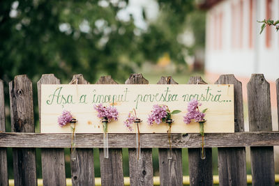 Close-up of text on pink railing