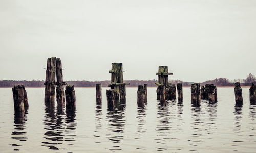 Wooden posts in lake against clear sky