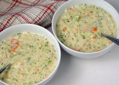 High angle view of soup in bowl on table