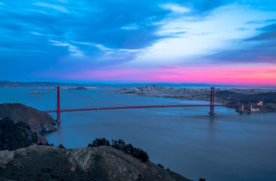 View of suspension bridge over sea against cloudy sky