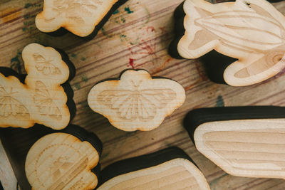 High angle view of wood on wooden table