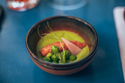 High angle view of vegetables in bowl on table