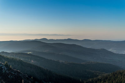 Scenic view of mountains against clear sky during sunset