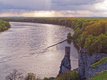 Ruins of the castle devin located near bratislava, slovakia. view of the bend of the danube river.