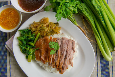 High angle view of food in plate on table