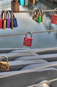 Close-up of padlocks hanging on cable