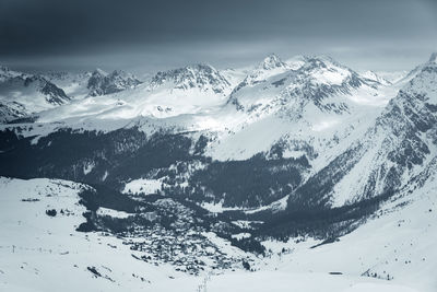 Scenic view of snow covered mountains against sky