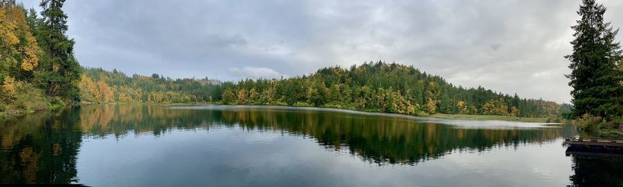 Scenic view of lake by trees against sky