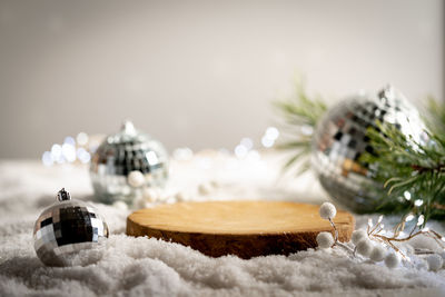 Close-up of christmas decorations on table