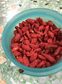 High angle view of strawberries in bowl