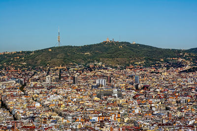 Aerial view of city against clear blue sky