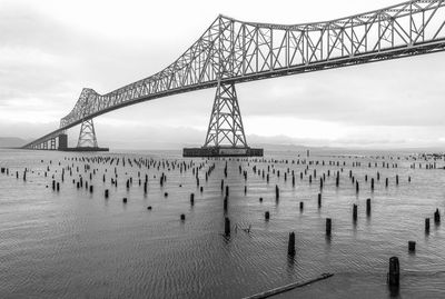 A view of the astoria-megler bridge in oregon state on a moody cloudy day.