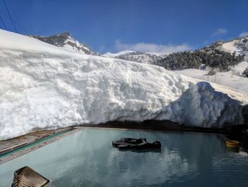 Scenic view of icebergs and mountains against sky