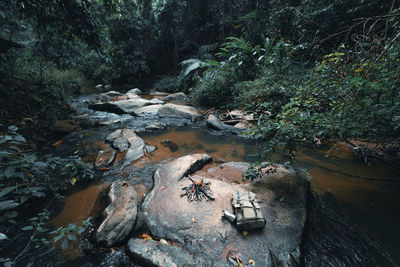 High angle view of river flowing through rocks in forest