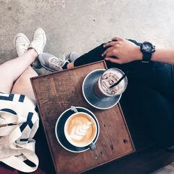 High angle view of coffee cup on table