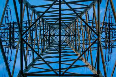 Low angle view of electricity pylon against blue sky