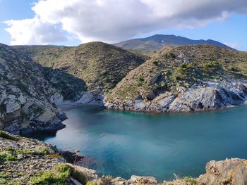 Scenic view of lake and mountains against sky