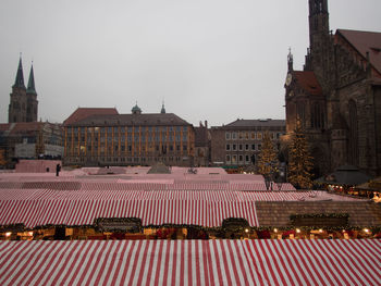 View of buildings in town against sky in city