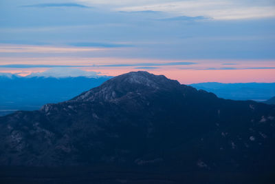 Scenic view of mountains against sky during sunset