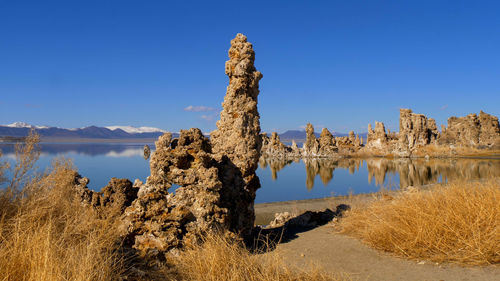 Scenic view of lake against clear blue sky