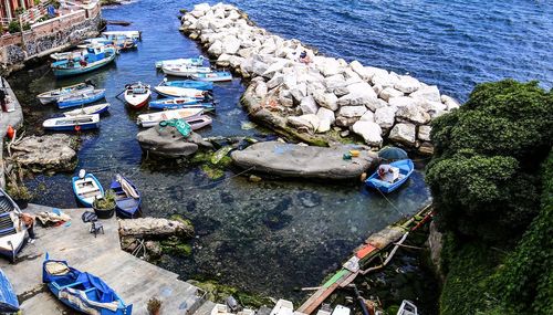 High angle view of boats moored in sea