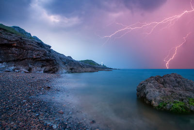 Scenic view of sea against sky at night