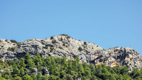 Low angle view of rocks against clear blue sky