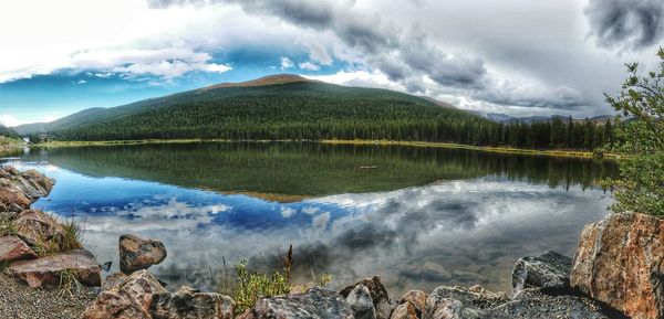 Scenic view of lake against cloudy sky