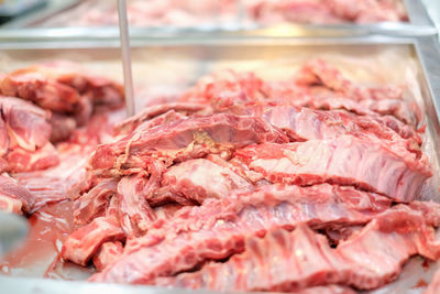 Close-up. raw pork in department store.