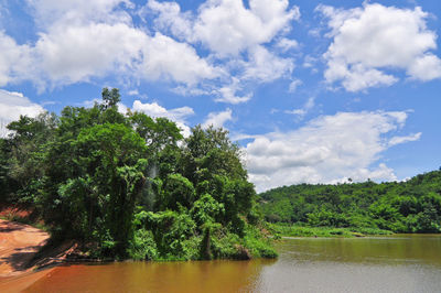 Scenic view of lake against cloudy sky