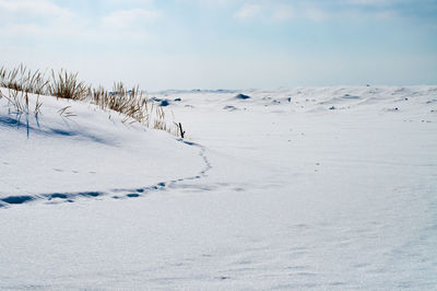 Scenic view of snow covered landscape against sky