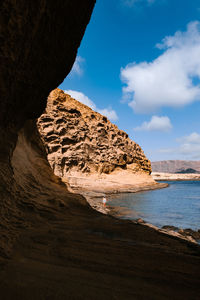 Rock formations by sea against sky