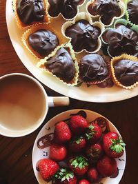 High angle view of strawberries on table