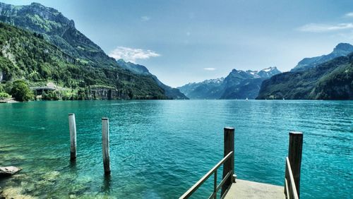 Scenic view of lake and mountains against sky