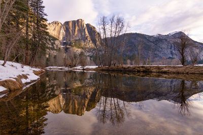 Panorama of yosemite falls reflecting in the merced river at dawn