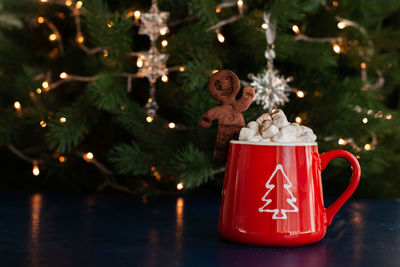 Close-up of christmas ornaments on tree