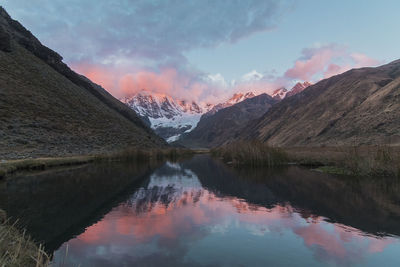 Scenic view of lake and mountains against sky during sunset