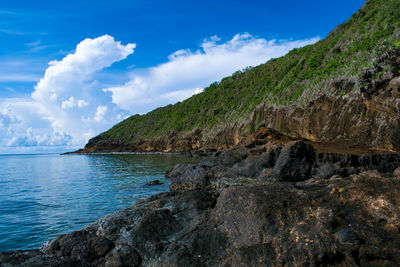 Scenic view of sea and mountains against sky