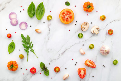 High angle view of chopped fruits on table