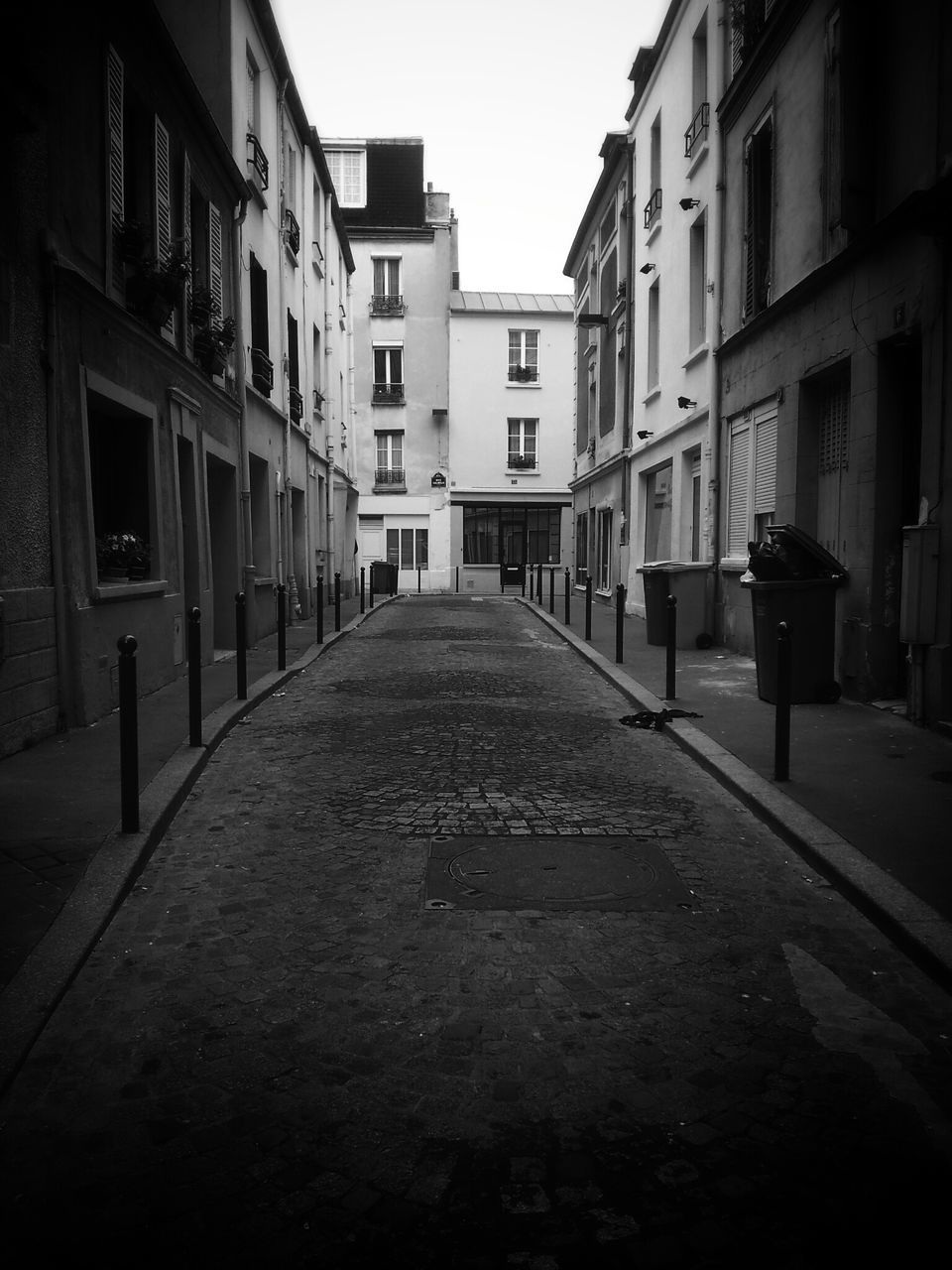 architecture, building exterior, built structure, the way forward, street, residential building, residential structure, building, diminishing perspective, city, clear sky, empty, house, cobblestone, narrow, outdoors, day, street light, in a row, vanishing point