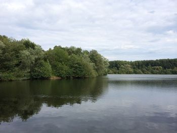 Scenic view of lake against cloudy sky