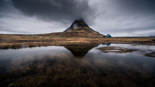 Reflection of mountain in lake against sky