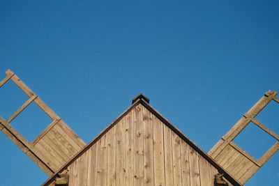 Low angle view of built structure against clear blue sky