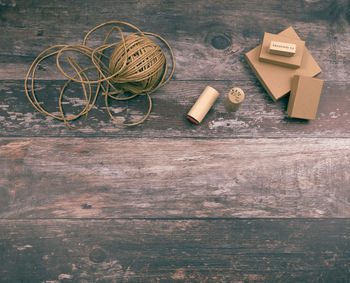 High angle view of text on wooden table